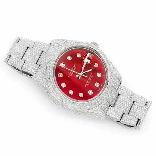 Datejust Style Full Iced Automatic Chronograph Watch Silver Stainless Steel with Ruby Red Diamond Dial