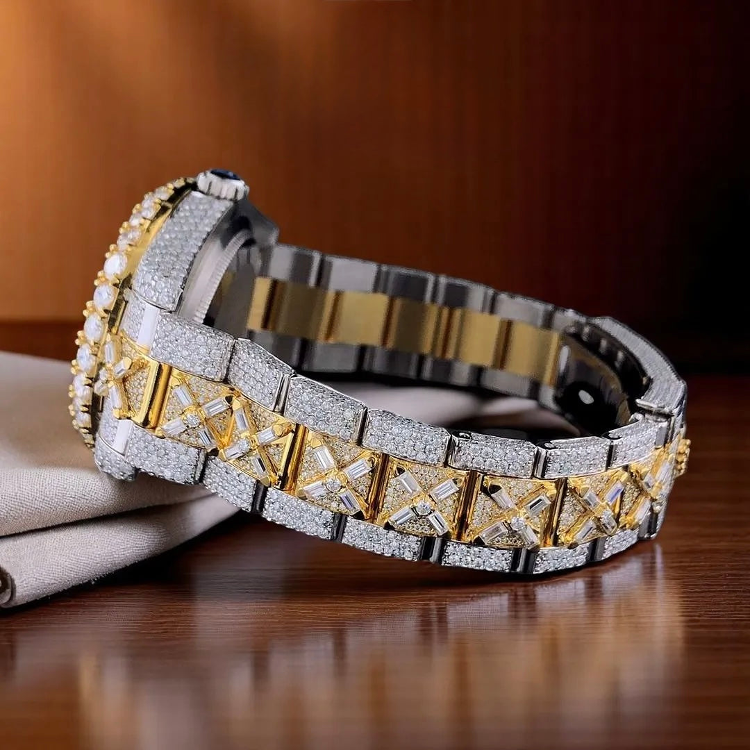 Fully Iced Out VVS Moissanite Men’s Watch, 42mm Dial, Baguette & Round Diamonds Stainless Steel