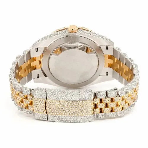 Date just Style Two-Tone Full Iced Automatic Chronograph Watch Yellow Gold & Silver Stainless Steel Ruby Red Diamond Dial