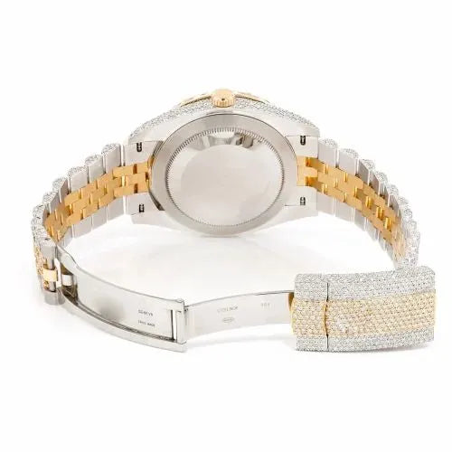 Date just Style Two-Tone Full Iced Automatic Chronograph Watch Yellow Gold & Silver Stainless Steel Ruby Red Diamond Dial