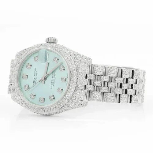 Datejust Style Full Iced Automatic Chronograph Watch Silver Stainless Steel with Ice Blue Diamond Dial