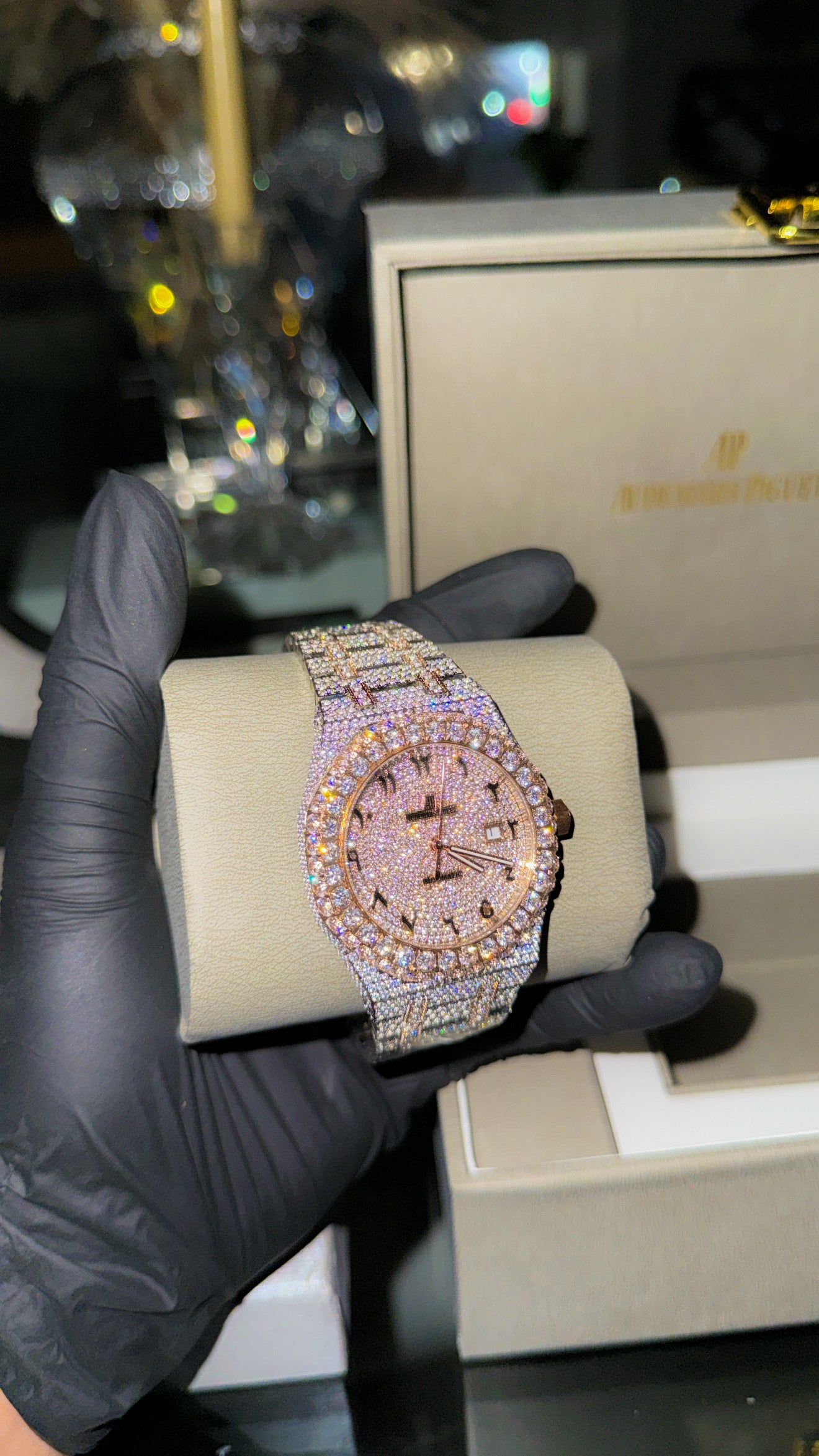 Iced out watch rose gold