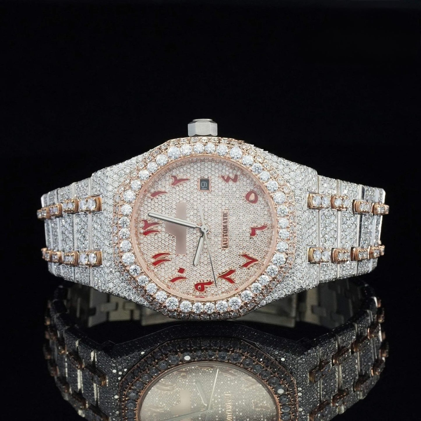 Ruby Emblem Iced Automatic Watch – Luxury Rose Halo Full Iced Stainless Steel Timepiece