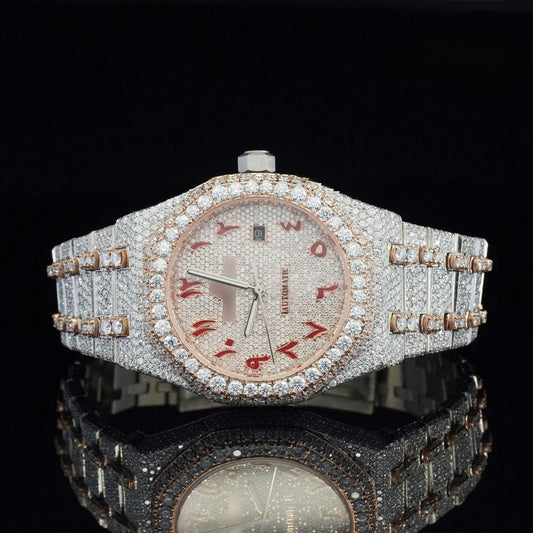 Ruby Emblem Iced Automatic Watch – Luxury Rose Halo Full Iced Stainless Steel Timepiece