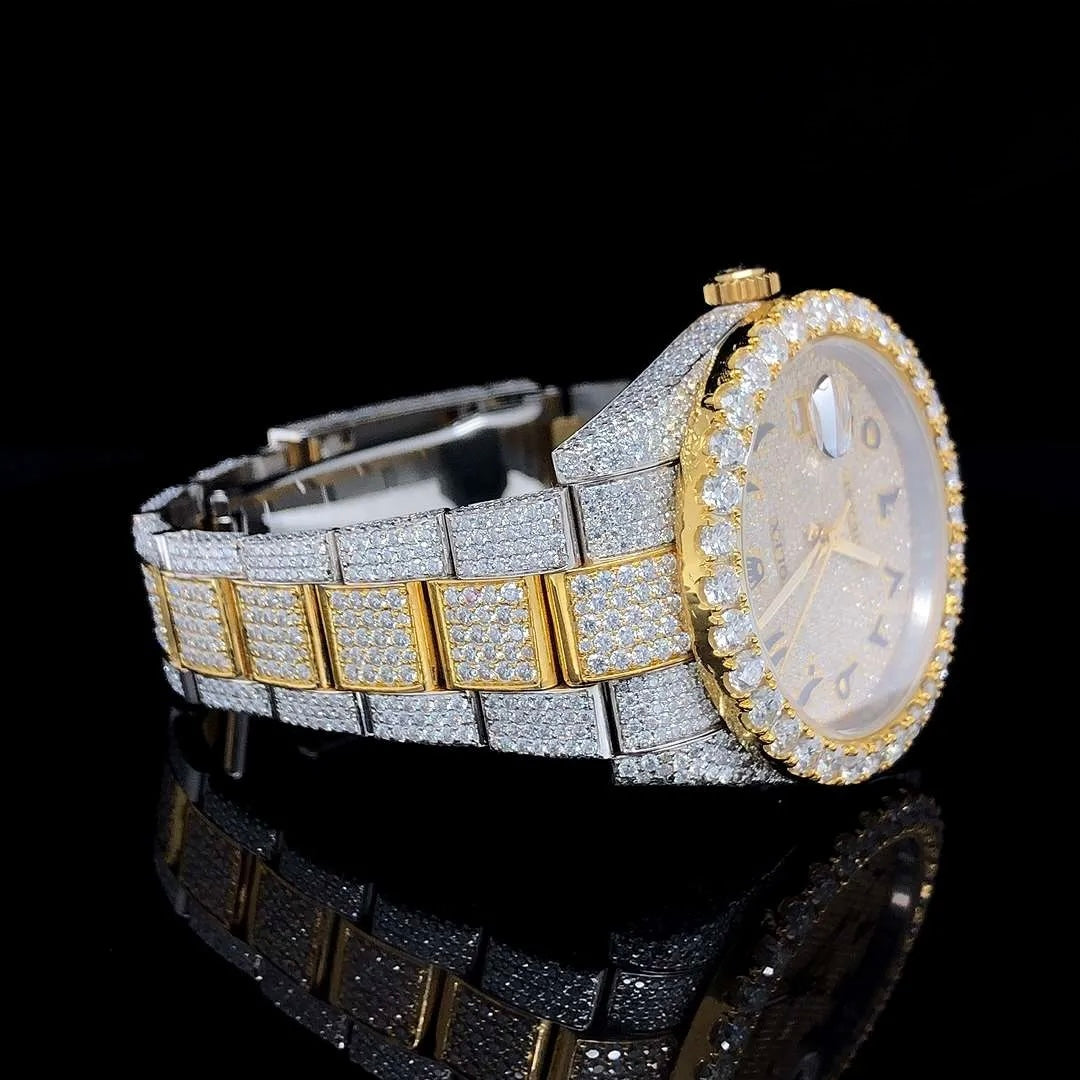 Luxury Two-Tone Fully Iced Automatic Stainless Steel Watch Arabic Numeral Dial Diamond Bezel Premium