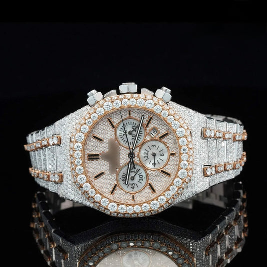 Chronos Elite Iced Automatic Chronograph Watch – Luxury Rose Halo Full Iced Stainless Steel Timepiece