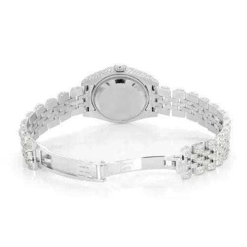 Datejust Style Full Iced Automatic Chronograph Watch Silver Stainless Steel with Pink Diamond Dial