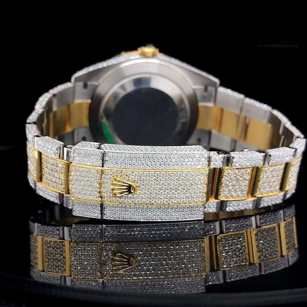 Luxury Two-Tone Fully Iced Automatic Stainless Steel Watch Arabic Numeral Dial Diamond Bezel Premium