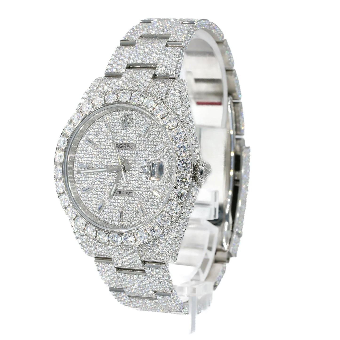 Datejust Style Full Iced Automatic Chronograph Watch Silver Stainless Steel with Ice White Diamond Dial