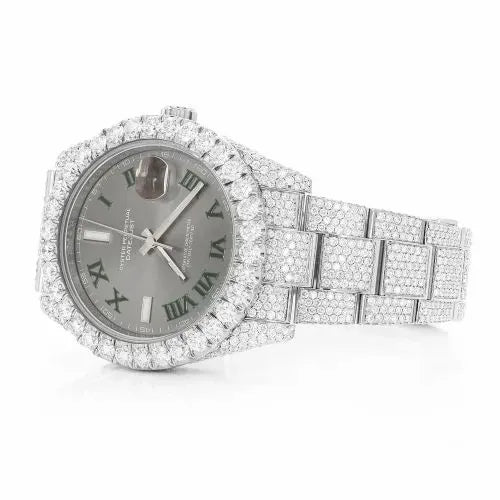 Day-Date Style Full Iced Automatic Chronograph Watch Silver Stainless Steel with Slate Grey Roman Dial