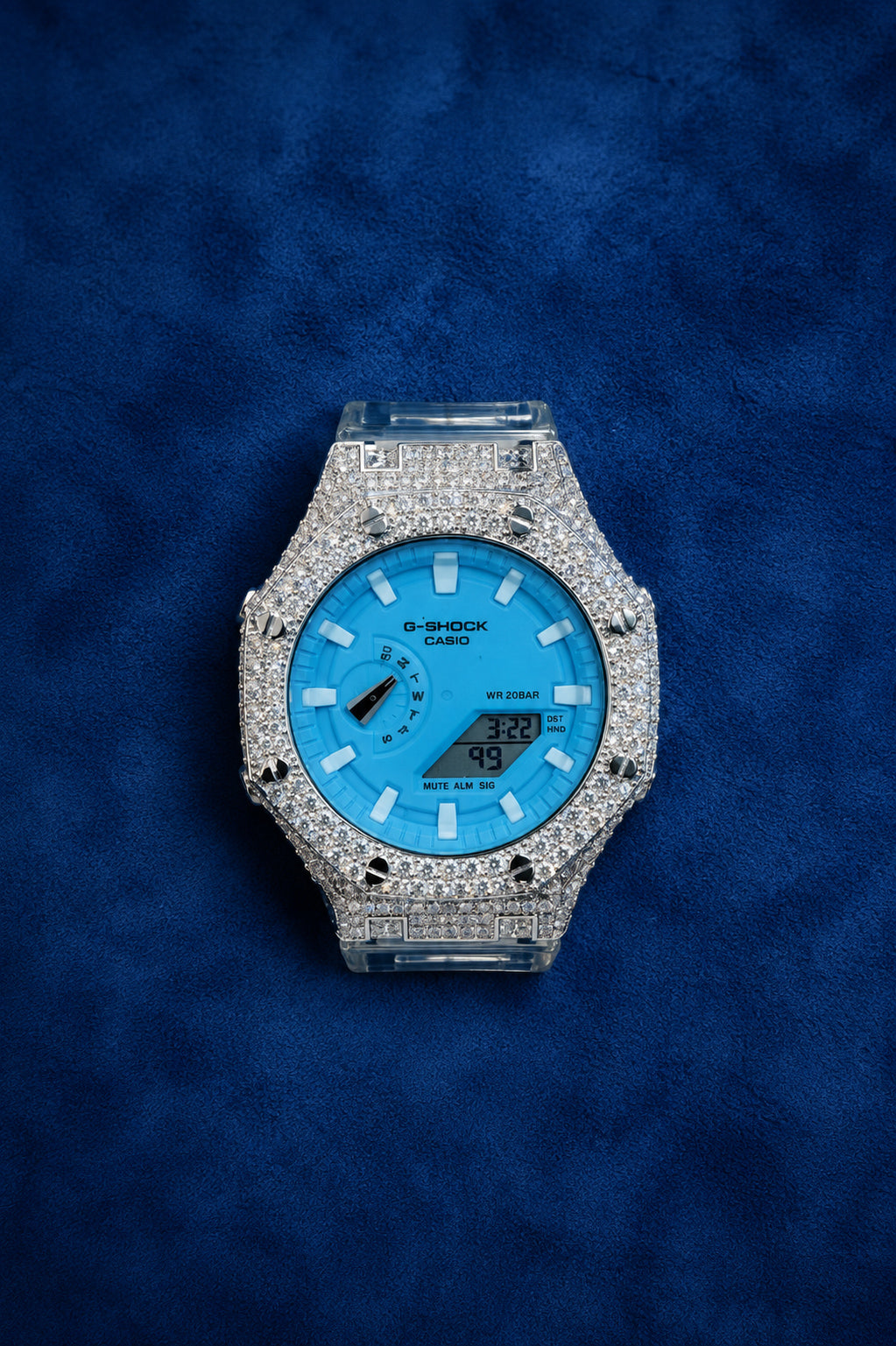 Iced Out G-Shock Mod Watch Baby Blue Dial Moissanite Bezel  Transparent Strap