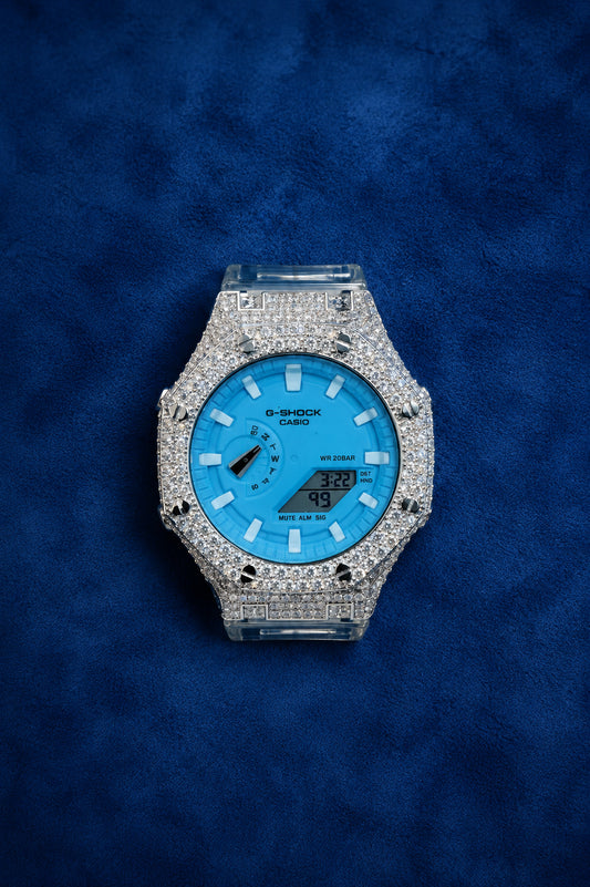 Iced Out G-Shock Mod Watch Baby Blue Dial Moissanite Bezel  Transparent Strap