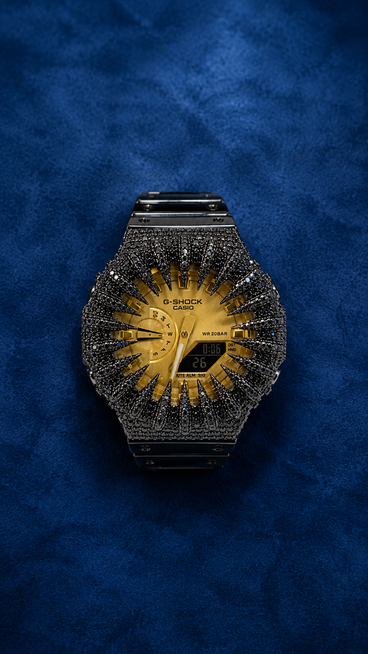 Iced Out Black Diamond G-Shock Mod Watch  Gold Dial  Premium Moissanite Custom Timepiece