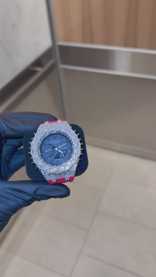 Custom Moissanite G-SHOCK Mod Watch Red Band Iced Out VVS Moissanite Bezel Luxury Watch