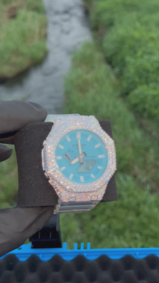Iced Out G-Shock Mod Watch Baby Blue Dial Moissanite Bezel  Transparent Strap