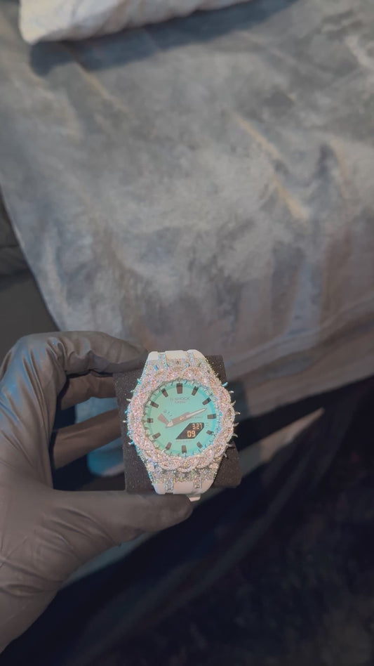 Tiffany blue iced out g shock ￼